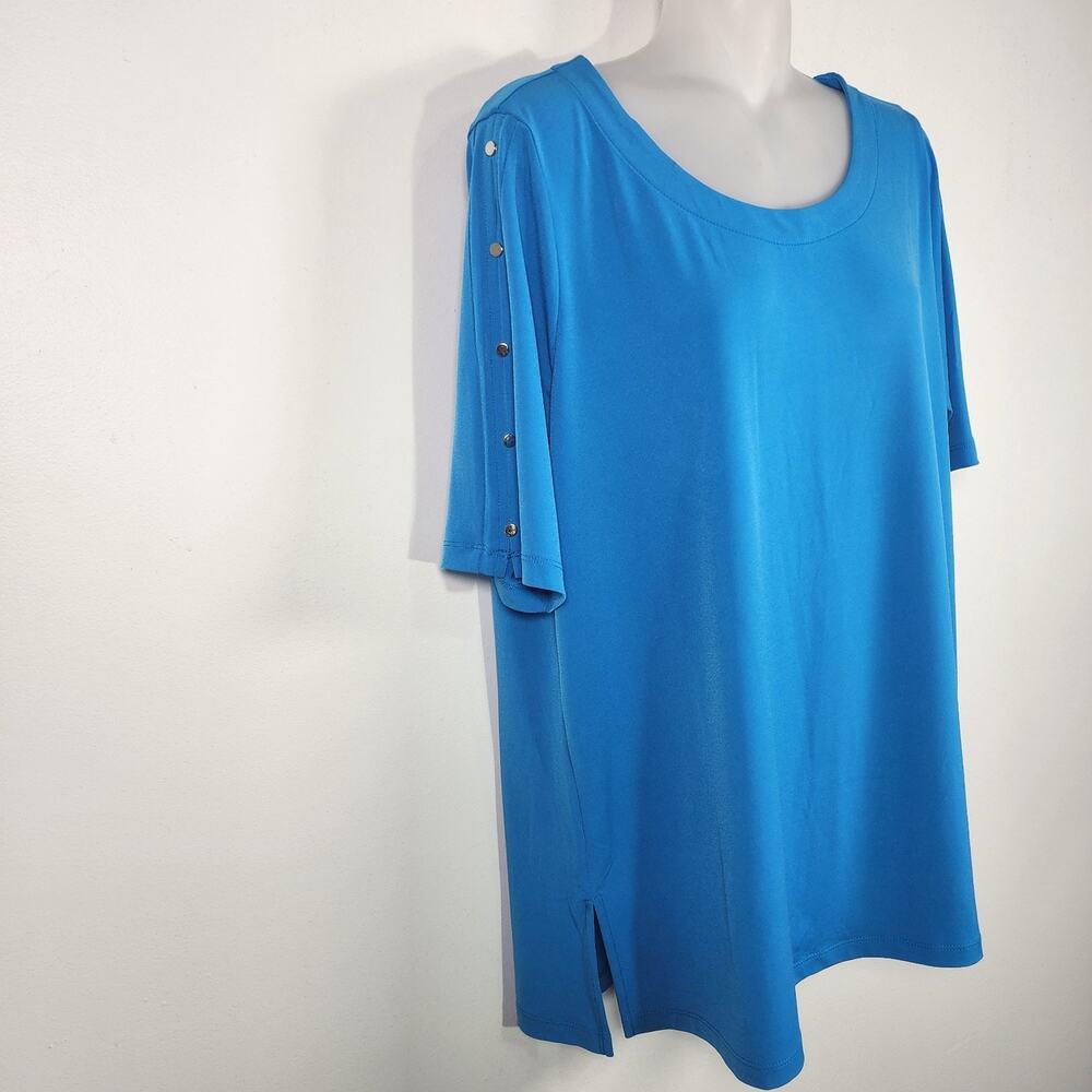 Susan Graver Womens Liquid Knit Elbow-Sleeve Tunic Top Blue L Rivet Slit A393727 - Picture 6 of 10